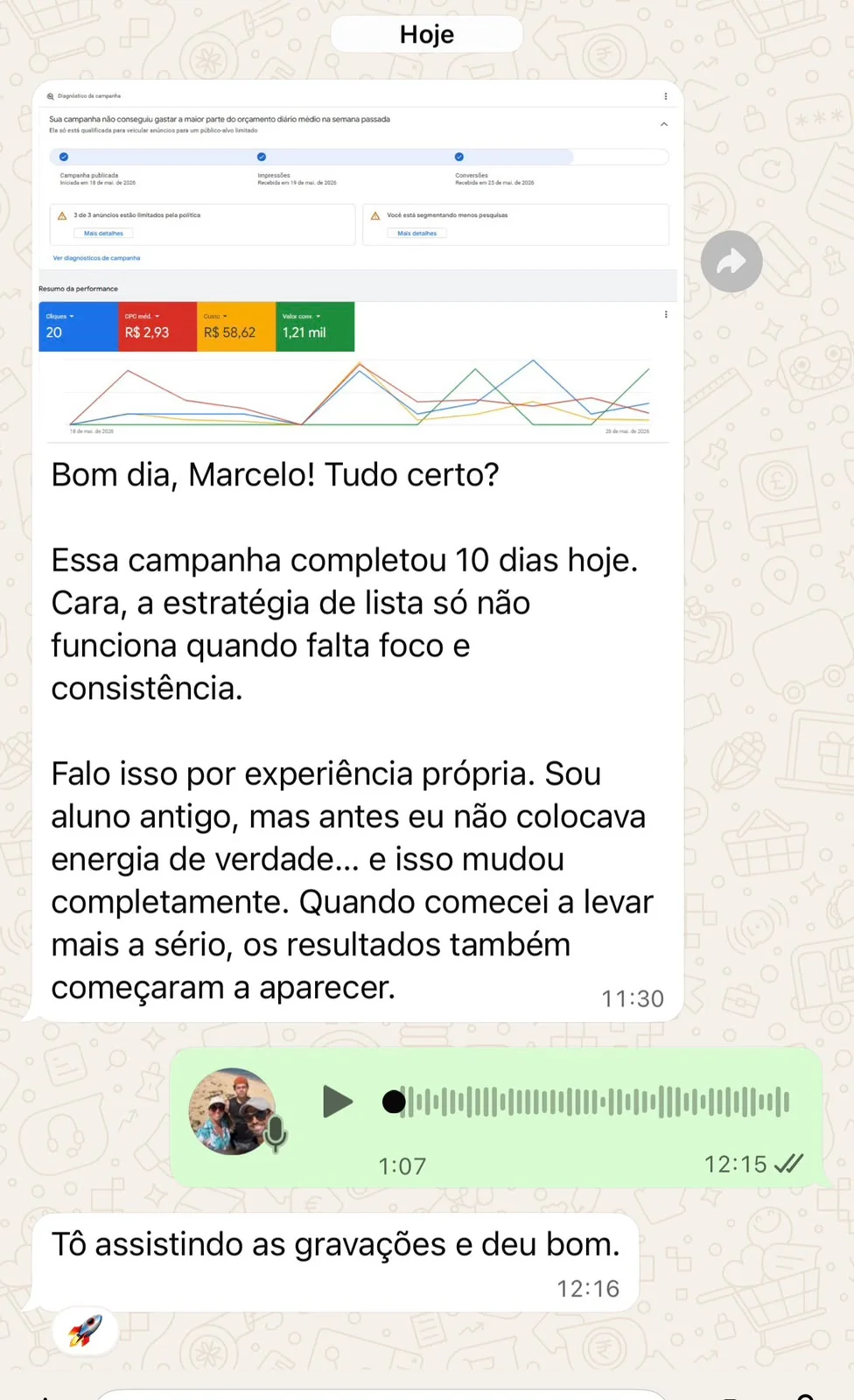 Depoimento compartilhado por aluno